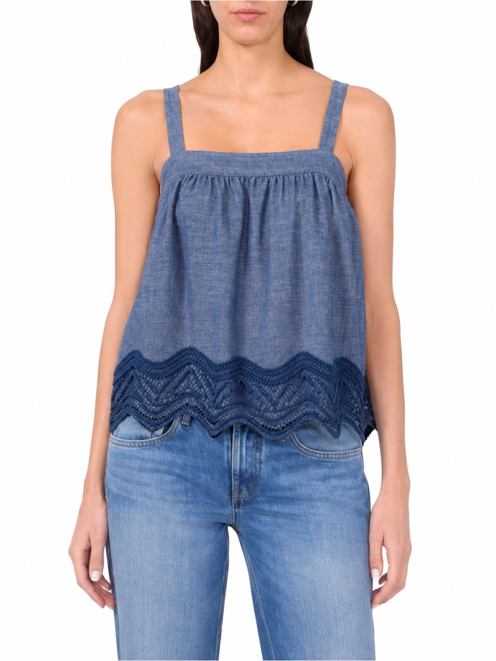 Parker Blue Linen Blend Crochet Hem Tank Top NWT Size Medium Boho Coastal